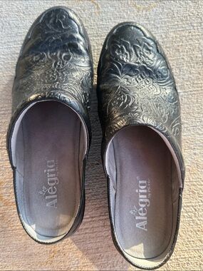 Alegria Black Embossed Leather Slip-On Clogs